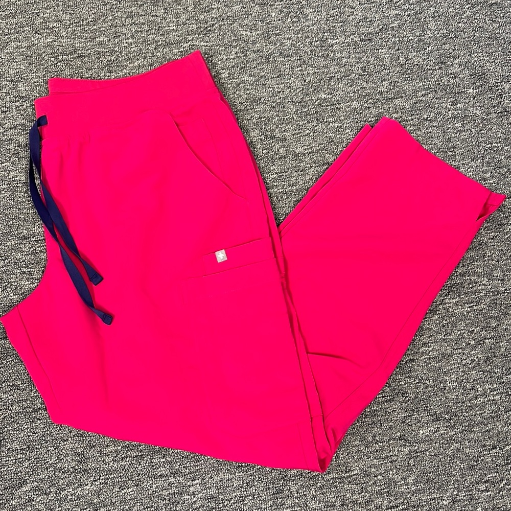 Figs Women's Scrub Jogger Pants in Hot Pink with Navy Drawstring